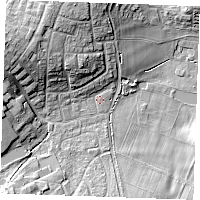 Shaded relief map of the ground around ME196RX, computed from Environment Agency LiDAR. The ground here sits at about 21 m above sea level and falls 22 m across the surrounding 800 m. Surface water reaching this point runs off ground lying to the west-north-west, 14.4 m higher.