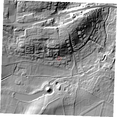 Shaded relief map of the ground around ME196TZ, computed from Environment Agency LiDAR. The ground here sits at about 18 m above sea level and falls 21 m across the surrounding 800 m. Surface water reaching this point runs off ground lying to the north-north-west, 9.7 m higher.