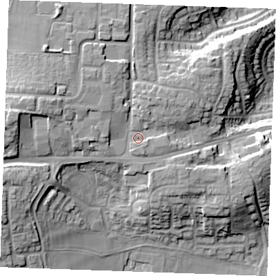 Shaded relief map of the ground around ME206AA, computed from Environment Agency LiDAR. The ground here sits at about 27 m above sea level and falls 24 m across the surrounding 800 m. Surface water reaching this point runs off ground lying to the west-north-west, 8.9 m higher.