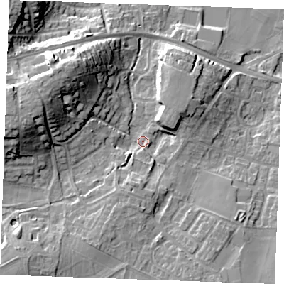 Shaded relief map of the ground around ME206AG, computed from Environment Agency LiDAR. The ground here sits at about 13 m above sea level and falls 21 m across the surrounding 800 m. Surface water reaching this point runs off ground lying to the north-east, 6.4 m higher.