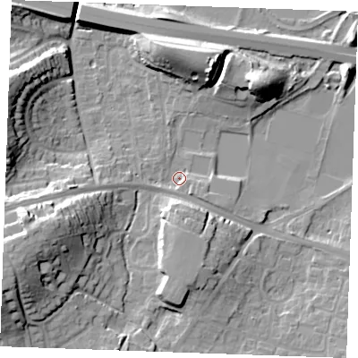 Shaded relief map of the ground around ME206AL, computed from Environment Agency LiDAR. The ground here sits at about 9 m above sea level and falls 24 m across the surrounding 800 m. Surface water reaching this point runs off ground lying to the west-south-west, 19.5 m higher.