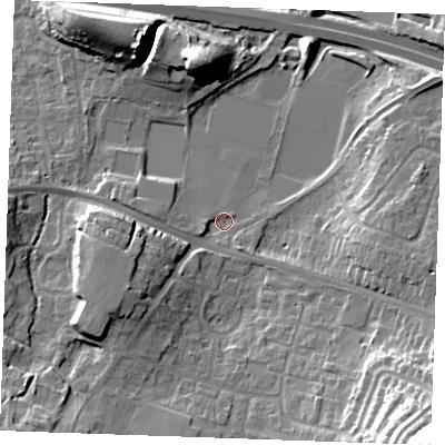 Shaded relief map of the ground around ME206AU, computed from Environment Agency LiDAR. The ground here sits at about 8 m above sea level and falls 38 m across the surrounding 800 m. Surface water reaching this point runs off ground lying to the south-east, 34.8 m higher.