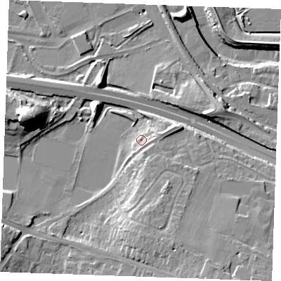 Shaded relief map of the ground around ME206AZ, computed from Environment Agency LiDAR. The ground here sits at about 9 m above sea level and falls 21 m across the surrounding 800 m. Surface water reaching this point runs off ground lying to the south-south-east, 5.8 m higher.