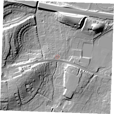 Shaded relief map of the ground around ME206BX, computed from Environment Agency LiDAR. The ground here sits at about 10 m above sea level and falls 24 m across the surrounding 800 m. Surface water reaching this point runs off ground lying to the west-south-west, 3.3 m higher.