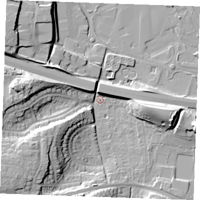 Shaded relief map of the ground around ME206DG, computed from Environment Agency LiDAR. The ground here sits at about 7 m above sea level and falls 26 m across the surrounding 800 m. Surface water reaching this point runs off ground lying to the west, 23.9 m higher.