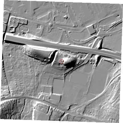 Shaded relief map of the ground around ME206DQ, computed from Environment Agency LiDAR. The ground here sits at about 15 m above sea level and falls 23 m across the surrounding 800 m. Surface water reaching this point runs off ground lying to the east, 8.4 m higher.