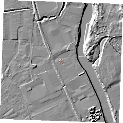 Shaded relief map of the ground around ME206FF, computed from Environment Agency LiDAR. The ground here sits at about 4 m above sea level and falls 15 m across the surrounding 800 m. Surface water reaching this point runs off ground lying to the east-south-east, 3.1 m higher.