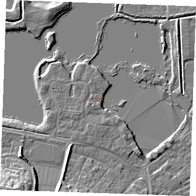 Shaded relief map of the ground around ME206FU, computed from Environment Agency LiDAR. The ground here sits at about 5 m above sea level and falls 15 m across the surrounding 800 m. Surface water reaching this point runs off ground lying to the south-west, 12.0 m higher.