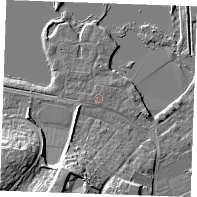 Shaded relief map of the ground around ME206GA, computed from Environment Agency LiDAR. The ground here sits at about 5 m above sea level and falls 17 m across the surrounding 800 m. Surface water reaching this point runs off ground lying to the north-north-east, 0.8 m higher.