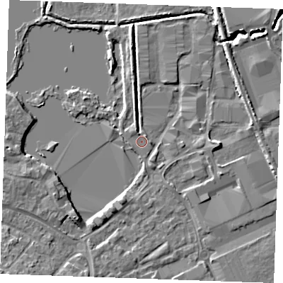 Shaded relief map of the ground around ME206GN, computed from Environment Agency LiDAR. The ground here sits at about 4 m above sea level and falls 5 m across the surrounding 800 m. Surface water reaching this point runs off ground lying to the east, 3.3 m higher.