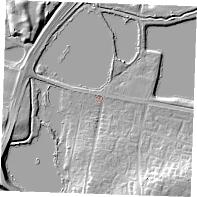 Shaded relief map of the ground around ME206HY, computed from Environment Agency LiDAR. The ground here sits at about 6 m above sea level and falls 19 m across the surrounding 800 m. Surface water reaching this point runs off ground lying to the west-south-west, 10.3 m higher.