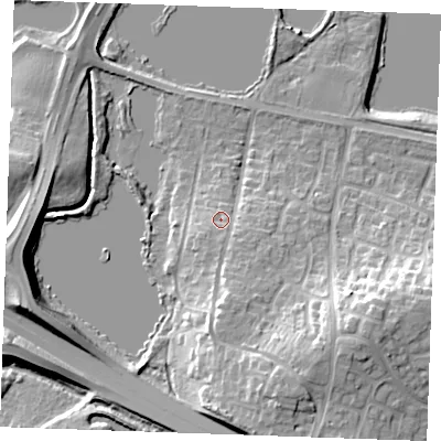 Shaded relief map of the ground around ME206HZ, computed from Environment Agency LiDAR. The ground here sits at about 11 m above sea level and falls 19 m across the surrounding 800 m. Surface water reaching this point runs off ground lying to the south-south-east, 8.1 m higher.