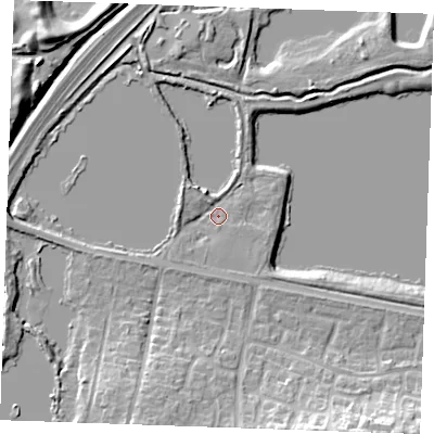 Shaded relief map of the ground around ME206JA, computed from Environment Agency LiDAR. The ground here sits at about 5 m above sea level and falls 14 m across the surrounding 800 m. Surface water reaching this point runs off ground lying to the west-north-west, 2.2 m higher.