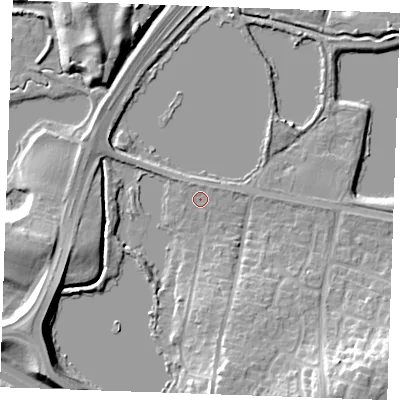 Shaded relief map of the ground around ME206JD, computed from Environment Agency LiDAR. The ground here sits at about 7 m above sea level and falls 19 m across the surrounding 800 m. Surface water reaching this point runs off ground lying to the west-south-west, 10.1 m higher.