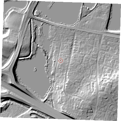 Shaded relief map of the ground around ME206JE, computed from Environment Agency LiDAR. The ground here sits at about 10 m above sea level and falls 19 m across the surrounding 800 m. Surface water reaching this point runs off ground lying to the south-east, 2.5 m higher.