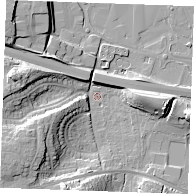 Shaded relief map of the ground around ME206NT, computed from Environment Agency LiDAR. The ground here sits at about 6 m above sea level and falls 26 m across the surrounding 800 m. Surface water reaching this point runs off ground lying to the south-west, 23.0 m higher.