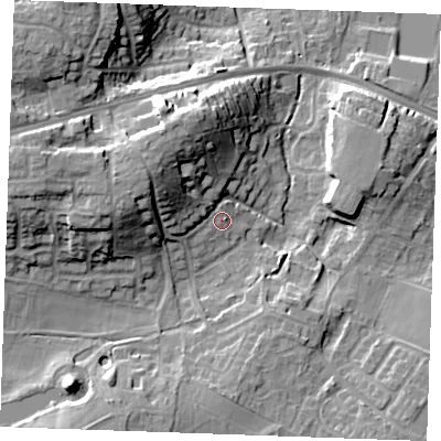 Shaded relief map of the ground around ME206PD, computed from Environment Agency LiDAR. The ground here sits at about 16 m above sea level and falls 22 m across the surrounding 800 m. Surface water reaching this point runs off ground lying to the north-west, 12.5 m higher.