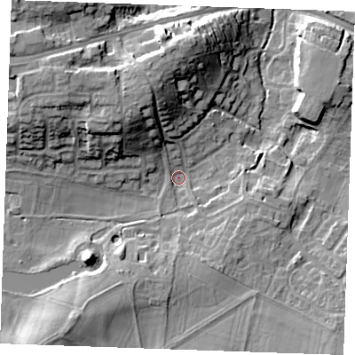 Shaded relief map of the ground around ME206PF, computed from Environment Agency LiDAR. The ground here sits at about 15 m above sea level and falls 19 m across the surrounding 800 m. Surface water reaching this point runs off ground lying to the north-west, 13.8 m higher.