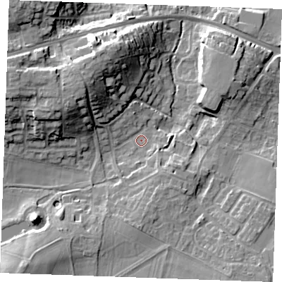 Shaded relief map of the ground around ME206PG, computed from Environment Agency LiDAR. The ground here sits at about 14 m above sea level and falls 21 m across the surrounding 800 m. Surface water reaching this point runs off ground lying to the west-north-west, 14.1 m higher.