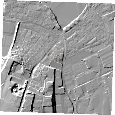 Shaded relief map of the ground around ME206QY, computed from Environment Agency LiDAR. The ground here sits at about 6 m above sea level and falls 24 m across the surrounding 800 m. Surface water reaching this point runs off ground lying to the west, 1.1 m higher.