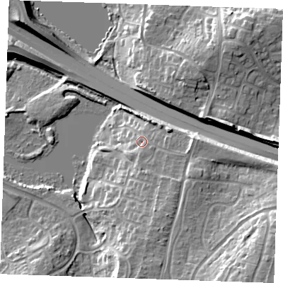 Shaded relief map of the ground around ME206QZ, computed from Environment Agency LiDAR. The ground here sits at about 17 m above sea level and falls 22 m across the surrounding 800 m. Surface water reaching this point runs off ground lying to the east-south-east, 2.2 m higher.