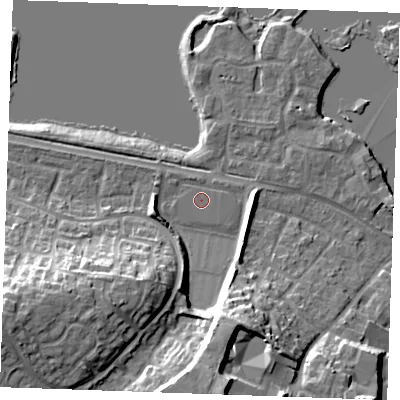 Shaded relief map of the ground around ME206RJ, computed from Environment Agency LiDAR. The ground here sits at about 5 m above sea level and falls 19 m across the surrounding 800 m. The ground contributing surface water to this point lies to the east-north-east.