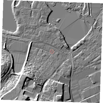Shaded relief map of the ground around ME206RT, computed from Environment Agency LiDAR. The ground here sits at about 4 m above sea level and falls 20 m across the surrounding 800 m. Surface water reaching this point runs off ground lying to the south-west, 14.6 m higher.
