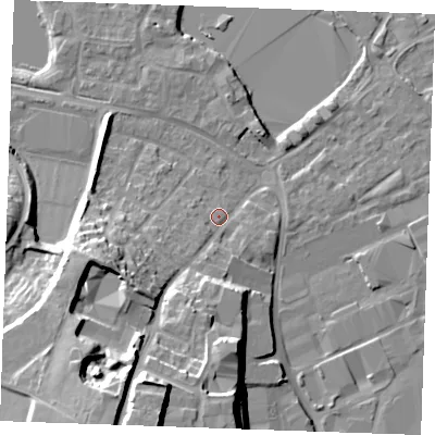 Shaded relief map of the ground around ME206RY, computed from Environment Agency LiDAR. The ground here sits at about 6 m above sea level and falls 24 m across the surrounding 800 m. Surface water reaching this point runs off ground lying to the south-south-west, 21.6 m higher.