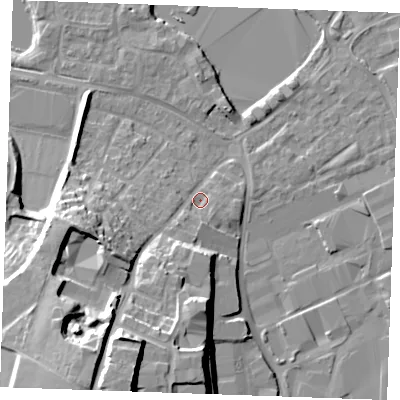 Shaded relief map of the ground around ME206RZ, computed from Environment Agency LiDAR. The ground here sits at about 5 m above sea level and falls 24 m across the surrounding 800 m. Surface water reaching this point runs off ground lying to the south-south-west, 21.5 m higher.