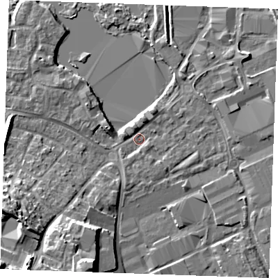 Shaded relief map of the ground around ME206SA, computed from Environment Agency LiDAR. The ground here sits at about 3 m above sea level and falls 19 m across the surrounding 800 m. Surface water reaching this point runs off ground lying to the north-north-east, 1.7 m higher.