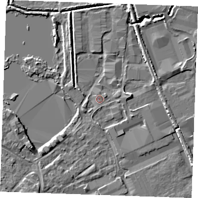 Shaded relief map of the ground around ME206SB, computed from Environment Agency LiDAR. The ground here sits at about 4 m above sea level and falls 5 m across the surrounding 800 m. Surface water reaching this point runs off ground lying to the east, 2.8 m higher.