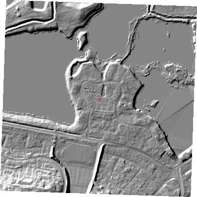 Shaded relief map of the ground around ME206SJ, computed from Environment Agency LiDAR. The ground here sits at about 5 m above sea level and falls 16 m across the surrounding 800 m. Surface water reaching this point runs off ground lying to the south-south-west, 1.2 m higher.