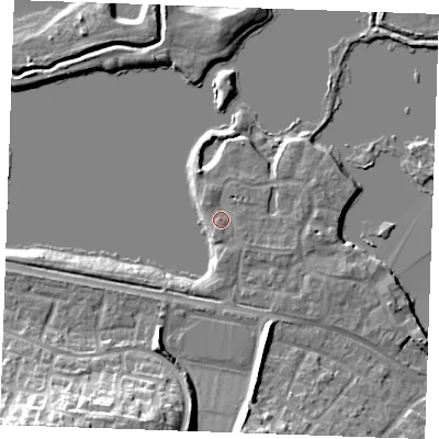 Shaded relief map of the ground around ME206SL, computed from Environment Agency LiDAR. The ground here sits at about 5 m above sea level and falls 17 m across the surrounding 800 m. Surface water reaching this point runs off ground lying to the south-east, 1.3 m higher.