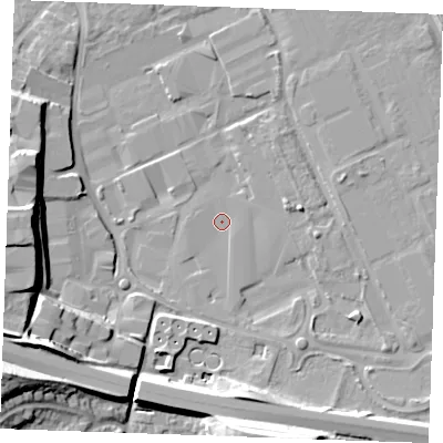 Shaded relief map of the ground around ME206SQ, computed from Environment Agency LiDAR. The ground here sits at about 4 m above sea level and falls 22 m across the surrounding 800 m. Surface water reaching this point runs off ground lying to the south-west, 22.1 m higher.