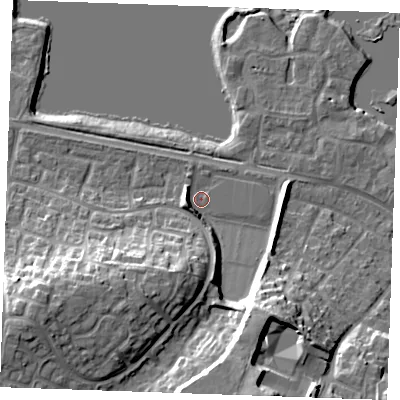 Shaded relief map of the ground around ME206SR, computed from Environment Agency LiDAR. The ground here sits at about 5 m above sea level and falls 19 m across the surrounding 800 m. Surface water reaching this point runs off ground lying to the south-west, 16.7 m higher.