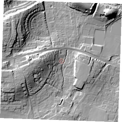 Shaded relief map of the ground around ME206SX, computed from Environment Agency LiDAR. The ground here sits at about 12 m above sea level and falls 23 m across the surrounding 800 m. Surface water reaching this point runs off ground lying to the west, 17.0 m higher.