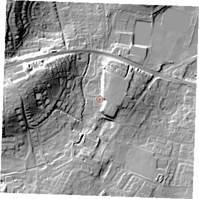 Shaded relief map of the ground around ME206SY, computed from Environment Agency LiDAR. The ground here sits at about 13 m above sea level and falls 22 m across the surrounding 800 m. Surface water reaching this point runs off ground lying to the east-south-east, 6.1 m higher.