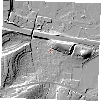 Shaded relief map of the ground around ME206SZ, computed from Environment Agency LiDAR. The ground here sits at about 7 m above sea level and falls 25 m across the surrounding 800 m. Surface water reaching this point runs off ground lying to the north-east, 14.3 m higher.