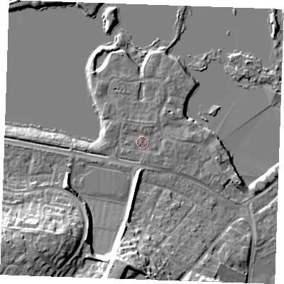 Shaded relief map of the ground around ME206TD, computed from Environment Agency LiDAR. The ground here sits at about 5 m above sea level and falls 17 m across the surrounding 800 m. Surface water reaching this point runs off ground lying to the west-south-west, 1.8 m higher.