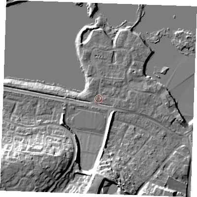 Shaded relief map of the ground around ME206TN, computed from Environment Agency LiDAR. The ground here sits at about 5 m above sea level and falls 19 m across the surrounding 800 m. Surface water reaching this point runs off ground lying to the west, 1.8 m higher.