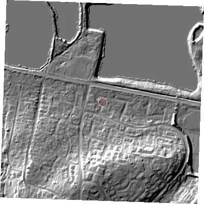 Shaded relief map of the ground around ME206TS, computed from Environment Agency LiDAR. The ground here sits at about 6 m above sea level and falls 19 m across the surrounding 800 m. Surface water reaching this point runs off ground lying to the south, 15.7 m higher.