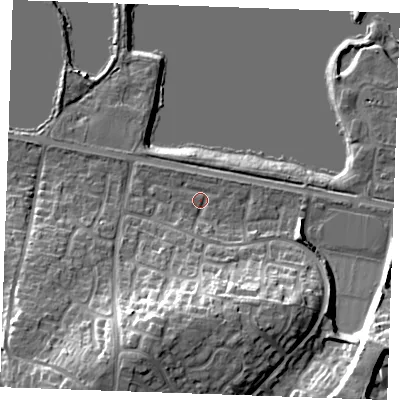 Shaded relief map of the ground around ME206TX, computed from Environment Agency LiDAR. The ground here sits at about 6 m above sea level and falls 19 m across the surrounding 800 m. Surface water reaching this point runs off ground lying to the south-south-west, 15.9 m higher.