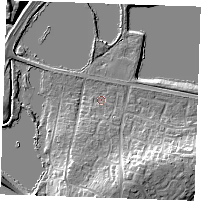 Shaded relief map of the ground around ME206UH, computed from Environment Agency LiDAR. The ground here sits at about 7 m above sea level and falls 19 m across the surrounding 800 m. Surface water reaching this point runs off ground lying to the south-south-west, 6.7 m higher.