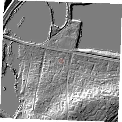 Shaded relief map of the ground around ME206UJ, computed from Environment Agency LiDAR. The ground here sits at about 7 m above sea level and falls 19 m across the surrounding 800 m. Surface water reaching this point runs off ground lying to the south, 4.0 m higher.
