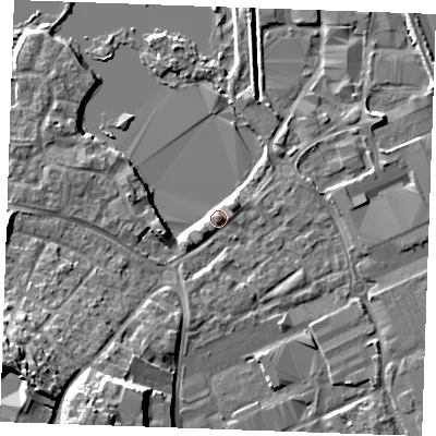 Shaded relief map of the ground around ME206US, computed from Environment Agency LiDAR. The ground here sits at about 5 m above sea level and falls 16 m across the surrounding 800 m. Surface water reaching this point runs off ground lying to the east, 1.7 m higher.