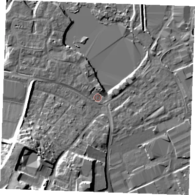 Shaded relief map of the ground around ME206UU, computed from Environment Agency LiDAR. The ground here sits at about 4 m above sea level and falls 20 m across the surrounding 800 m. Surface water reaching this point runs off ground lying to the south-west, 18.6 m higher.