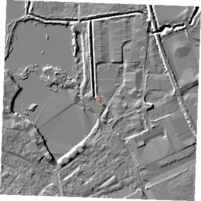 Shaded relief map of the ground around ME206WU, computed from Environment Agency LiDAR. The ground here sits at about 3 m above sea level and falls 5 m across the surrounding 800 m. Surface water reaching this point runs off ground lying to the east, 3.5 m higher.