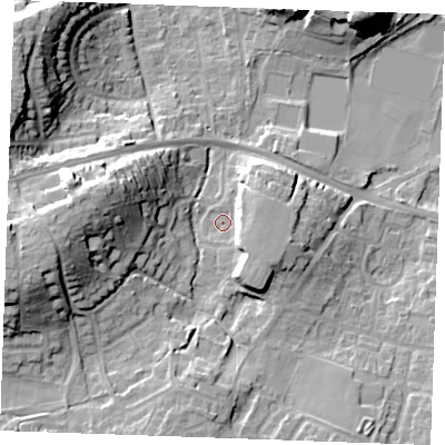 Shaded relief map of the ground around ME206XE, computed from Environment Agency LiDAR. The ground here sits at about 12 m above sea level and falls 22 m across the surrounding 800 m. Surface water reaching this point runs off ground lying to the west, 16.7 m higher.