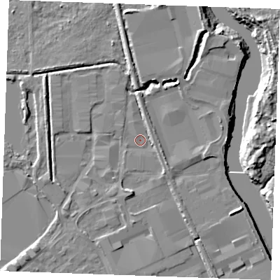 Shaded relief map of the ground around ME206XJ, computed from Environment Agency LiDAR. The ground here sits at about 4 m above sea level and falls 9 m across the surrounding 800 m. Surface water reaching this point runs off ground lying to the south, 3.4 m higher.