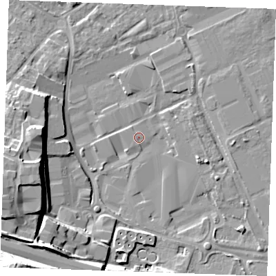 Shaded relief map of the ground around ME206XS, computed from Environment Agency LiDAR. The ground here sits at about 4 m above sea level and falls 23 m across the surrounding 800 m. Surface water reaching this point runs off ground lying to the south-west, 17.2 m higher.